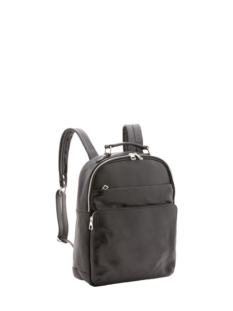 Large Leather Backpack with Double Front Pockets - Black - Alessia Firenze