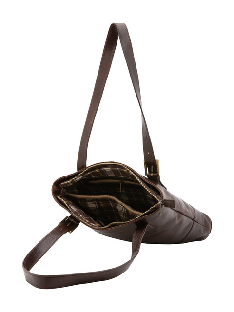 Women's Vacchetta Leather Double Compartment Shoulder Bag with Adjustable Handle – Dark Brown – Made in Italy - I Fratelli