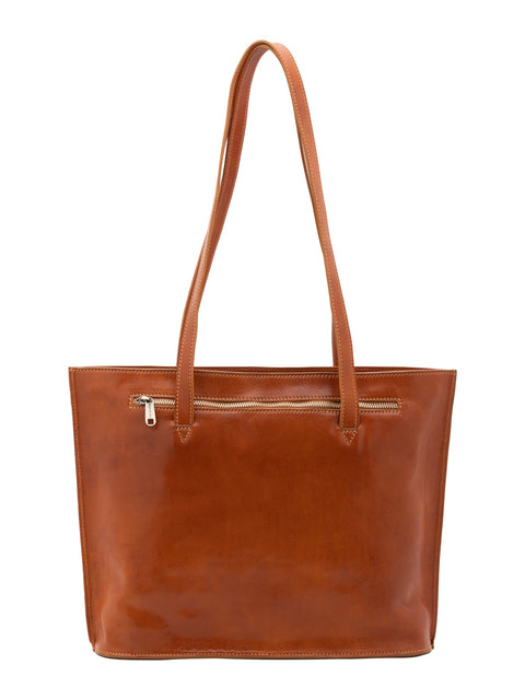 Women's Vacchetta Leather Large Shoulder Bag with Double Zip Pockets – Cognac – Made in Italy - I Fratelli