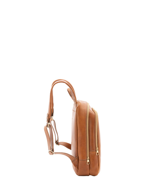 Large Genuine Leather Backpack with Double Front Pockets - Honey - Alessia Firenze