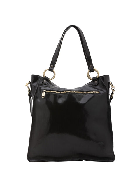 Women's Vacchetta Leather Oversized Shoulder Bag with Double Zip Pockets – Black – Made in Italy - I Fratelli