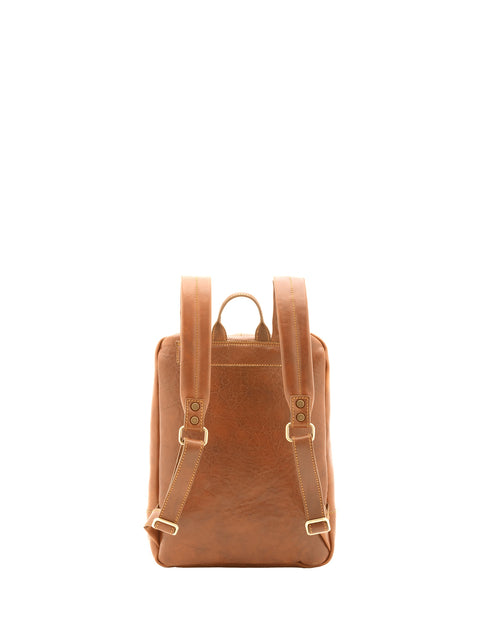 Large Genuine Leather Backpack with Double Front Pockets - Honey - Alessia Firenze