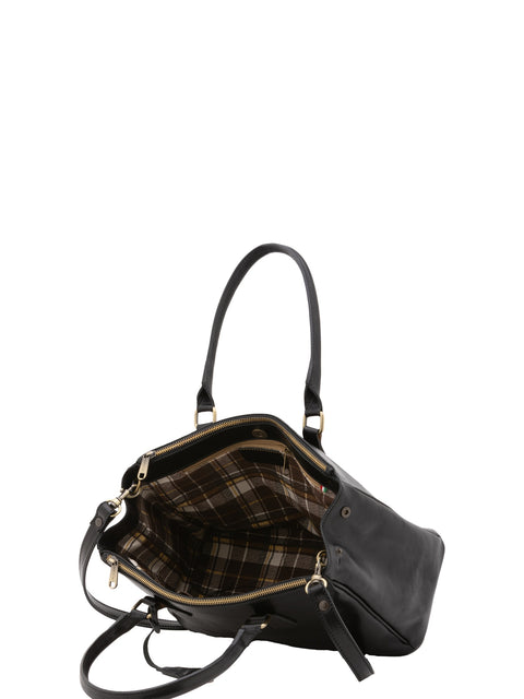Women's Vacchetta Leather Crossbody Tote Bag with Dual Zip Pockets – Black – Made in Italy - I Fratelli