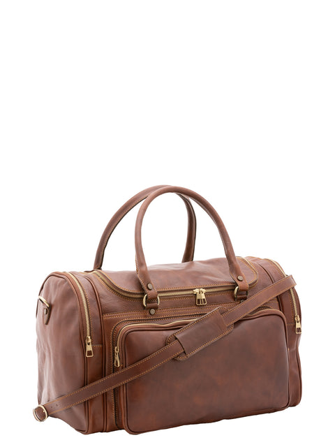 Large Leather Travel Duffel Bag with Side Zip Pockets - Brown - Alessia Firenze