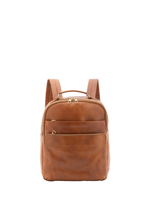 Large Leather Backpack with Double Front Pockets - Honey - Alessia Firenze