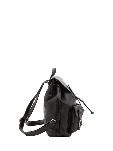 Women's Vacchetta Leather Drawstring Shoulder Bag with Front Open Pockets – Black – Made in Italy - I Fratelli