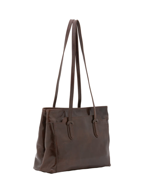 Women's Vacchetta Leather Double Compartment Shoulder Bag – Dark Brown – Made in Italy - I Fratelli