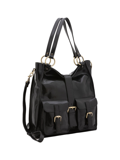 Women's Vacchetta Leather Oversized Shoulder Bag with Double Zip Pockets – Black – Made in Italy - I Fratelli