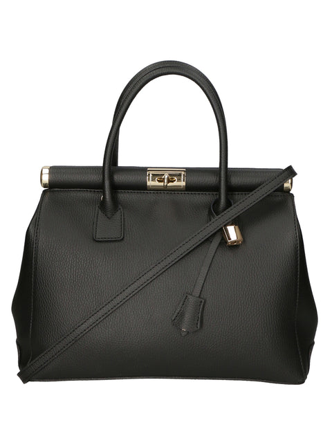 Women's Double Compartment Leather Handbag with Removable Shoulder Strap – Black – Made in Italy - Gave Lux