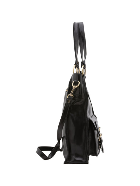 Women's Vacchetta Leather Oversized Shoulder Bag with Double Zip Pockets – Black – Made in Italy - I Fratelli