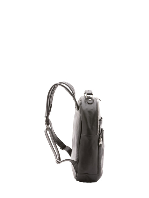 Large Leather Backpack with Double Front Pockets - Black - Alessia Firenze