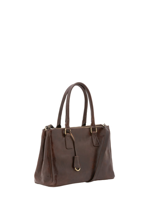Women's Vacchetta Leather Crossbody Tote Bag with Dual Zip Pockets – Dark Brown – Made in Italy - I Fratelli