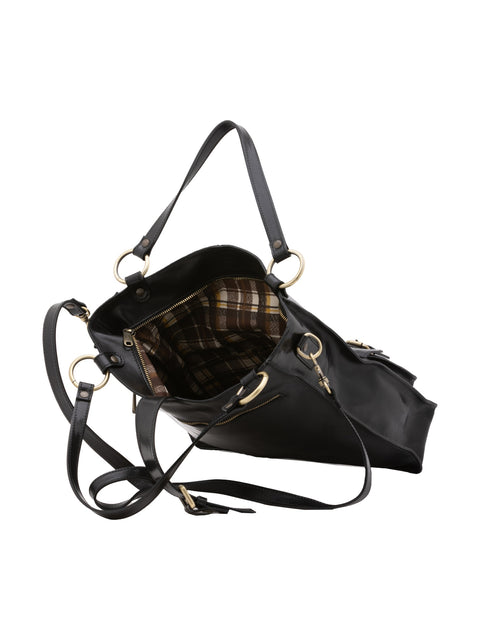 Women's Vacchetta Leather Oversized Shoulder Bag with Double Zip Pockets – Black – Made in Italy - I Fratelli