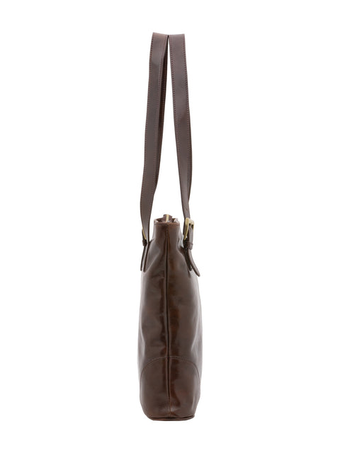Women's Vacchetta Leather Double Compartment Shoulder Bag with Adjustable Handle – Dark Brown – Made in Italy - I Fratelli