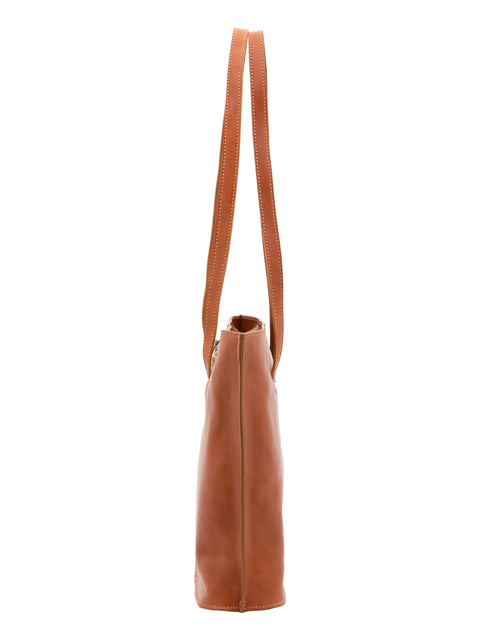 Women's Vacchetta Leather Large Shoulder Bag with Double Zip Pockets – Cognac – Made in Italy - I Fratelli
