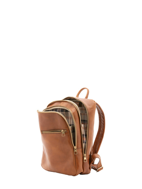 Large Genuine Leather Backpack with Double Front Pockets - Honey - Alessia Firenze