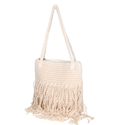 Women's Handwoven Cotton Fringe Shoulder Bag – Beige - Gave Lux