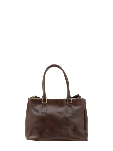 Women's Vacchetta Leather Crossbody Tote Bag with Dual Zip Pockets – Dark Brown – Made in Italy - I Fratelli