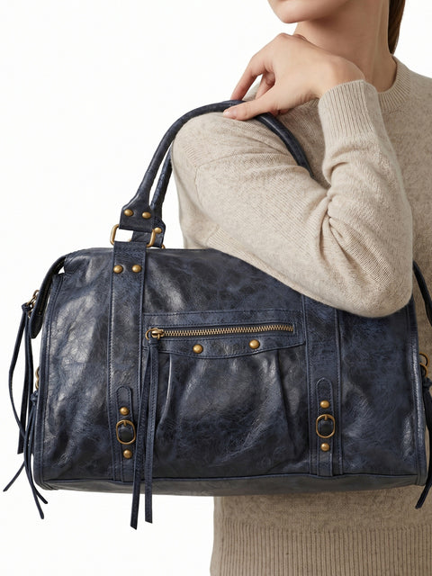Women's Suede Leather Shoulder Bag with Removable Strap – Navy Blue – Made in Italy - Gave Lux