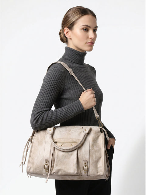 Women's Suede Leather Shoulder Bag with Removable Strap – Taupe – Made in Italy - Gave Lux