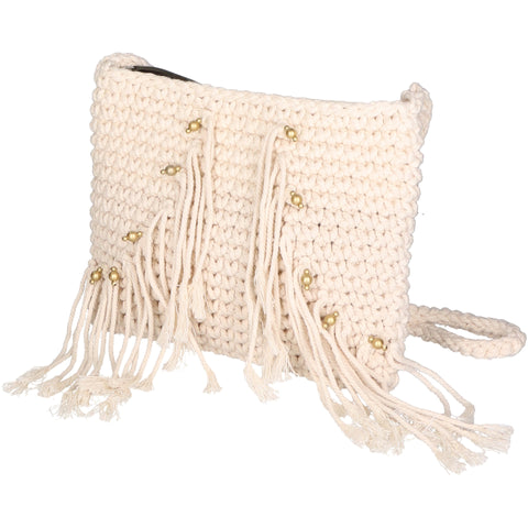 Women's Cotton Bag with Fringes– Beige – Made in Italy - Gave Lux