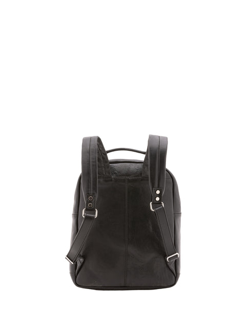 Large Leather Backpack with Double Front Pockets - Black - Alessia Firenze