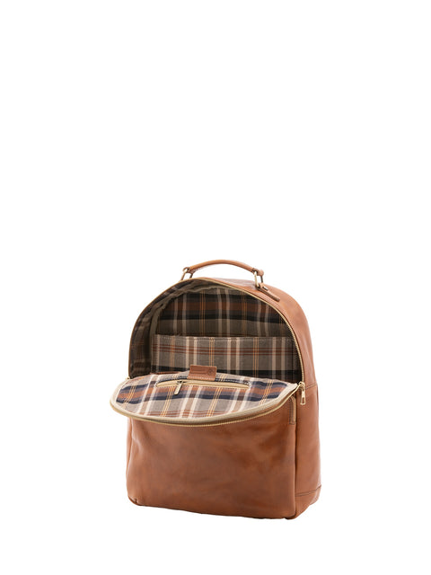 Large Leather Backpack with Double Front Pockets - Honey - Alessia Firenze