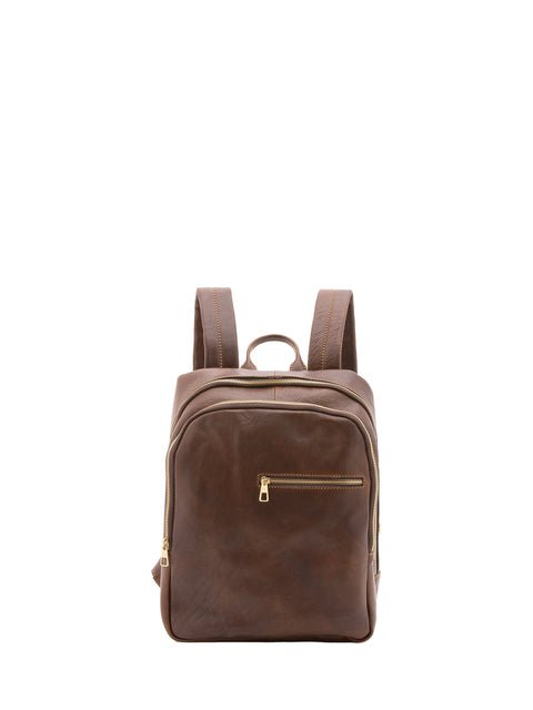 Large Leather Backpack with Double Front Pockets - Dark Brown - Alessia Firenze