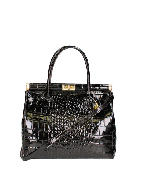 Women's Croc-Print Leather Top Handle Bag with Padlock – Black – Made in Italy - Gave Lux