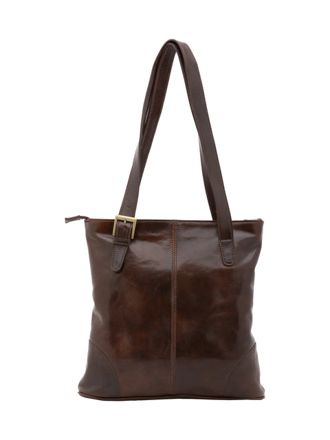 Women's Vacchetta Leather Double Compartment Shoulder Bag with Adjustable Handle – Dark Brown – Made in Italy - I Fratelli