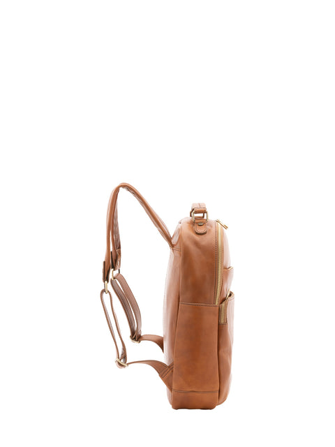 Large Leather Backpack with Double Front Pockets - Honey - Alessia Firenze