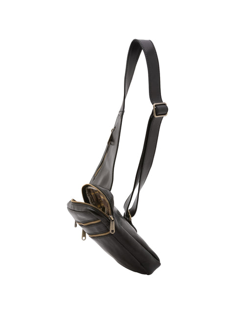 Men's Vacchetta Leather Compact Crossbody Bag with Dual Zip Pockets – Black – Made in Italy - I Fratelli