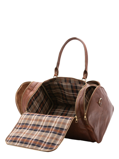Large Leather Travel Duffel Bag with Side Zip Pockets - Brown - Alessia Firenze