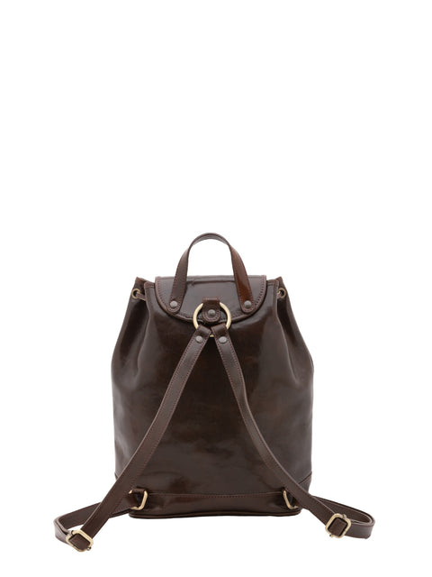 Women's Vacchetta Leather Drawstring Shoulder Bag with Front Zip Pockets – Dark Brown – Made in Italy - I Fratelli