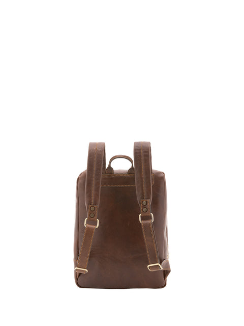 Large Leather Backpack with Double Front Pockets - Dark Brown - Alessia Firenze