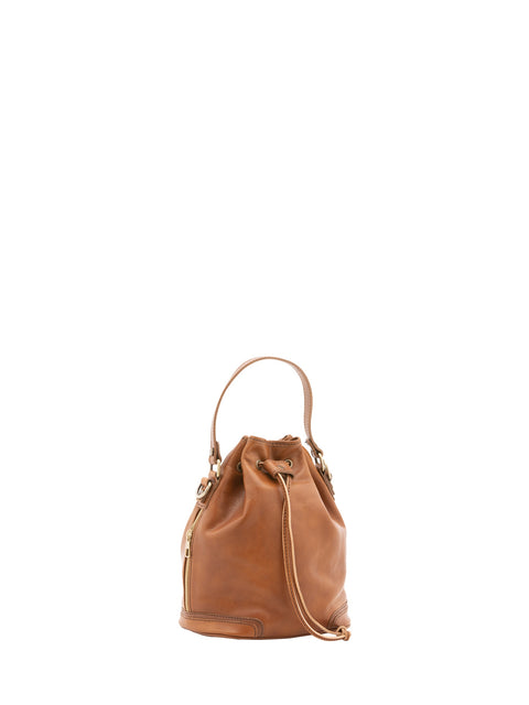 Leather Bucket Bag with Drawstring Closure - Honey - Alessia Firenze