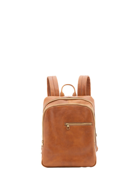 Large Genuine Leather Backpack with Double Front Pockets - Honey - Alessia Firenze