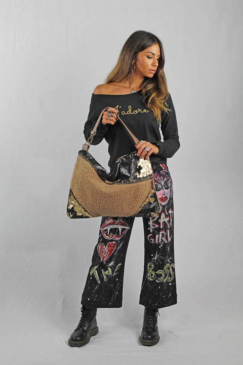 One Shoulder Bag In Boucle' And Two-Tone Writing Sequins Apiedinudinelparco